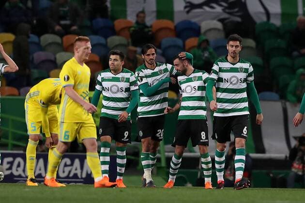 February 22, 2018 - Lisbon, Portugal - Sporting s midfielder Bruno Fernandes from Portugal celebrates with teammates after scoring during the UEFA Europa League round of 32 second leg football match between Sporting CP and FC Astana at Alvalade stadium in Lisbon, Portugal on February 22, 2018. Sporting Lisbon v FC Astana - UEFA Europa League  - ZUMAn230 20180222_zaa_n230_595 Copyright: xPedroxFiuzax