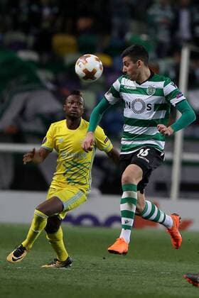 February 22, 2018 - Lisbon, Portugal - Sporting s midfielder Rodrigo Battaglia from Argentina vies with Astanas forward Patrick Twumasi (L) during the UEFA Europa League round of 32 second leg football match between Sporting CP and FC Astana at Alvalade stadium in Lisbon, Portugal on February 22, 2018. Sporting Lisbon v FC Astana - UEFA Europa League  - ZUMAn230 20180222_zaa_n230_601 Copyright: xPedroxFiuzax