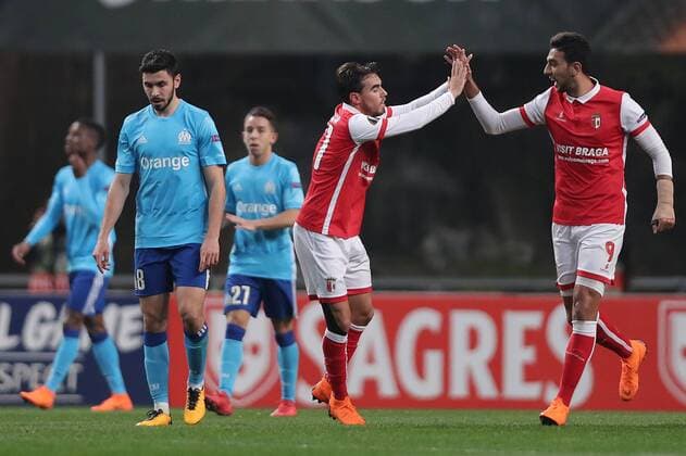 February 22, 2018 - Lisbon, Braga, Portugal - Braga s Portuguese forward Ricardo Horta celebrates Braga s Egiptian forward Ahmed Hassan during the UEFA Europa League, match between SC Braga and Olympique Marseille, at Municipal de Braga Stadium in Braga on February 22, 2018, Portugal. Sporting Braga v Marseille - UEFA Europa League  - ZUMAn230 20180222_zaa_n230_628 Copyright: xDpix