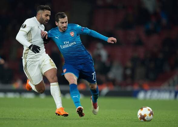 Henrikh Mkhitaryan of Arsenal and Saman Ghoddos of Östersunds FK during the UEFA Europa League Round of 16 Second Leg match between Arsenal and Östersunds FK at the Emirates Stadium, London, England on 22 February 2018. Copyright: xVincexMignottx 19020042