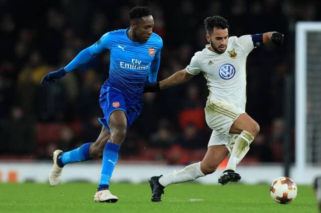 22nd February 2018, Emirates Stadium, London, England; UEFA Europa League football, round of 32, 2nd leg, Arenal versus Ostersund FK; Brwa Nouri of Ostersunds under pressure from Danny Welbeck of Arsenal  ActionPlus11991448