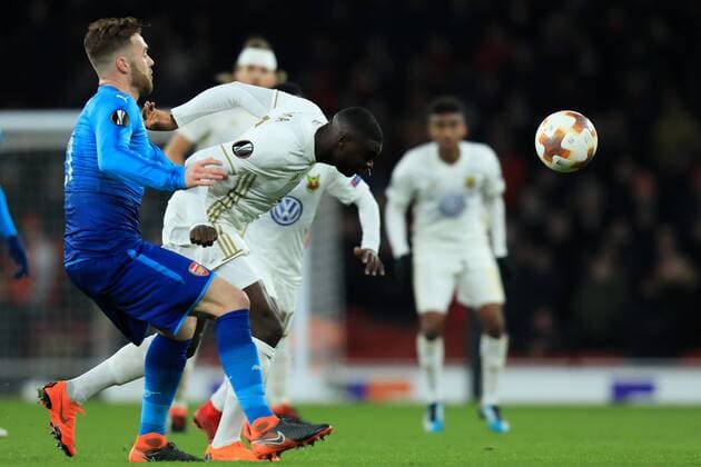 22nd February 2018, Emirates Stadium, London, England; UEFA Europa League football, round of 32, 2nd leg, Arenal versus Ostersund FK; Ken Sema of Ostersunds manages to win a header against Calum Chambers of Arsenal  ActionPlus11991456