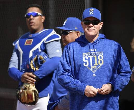 February 22, 2018 - Surprise, AZ, USA - Kansas City Royals manager Ned Yost, right, during spring training on Thursday, Feb. 22, 2018, in Surprise, Ariz. Kansas City Royals spring training - ZUMAm67_ 20180222_zaf_m67_042 Copyright: xJohnxSleezerx