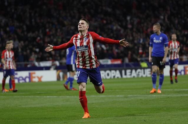Partido de la Europa League entre el Atletico y el Copenhague en el Wanda Metropolitano. En la imagen, Gameiro celebra su gol. Europa League match against Atletico and Copenhague. In ths picture, Gameiro celebrates his goal. 