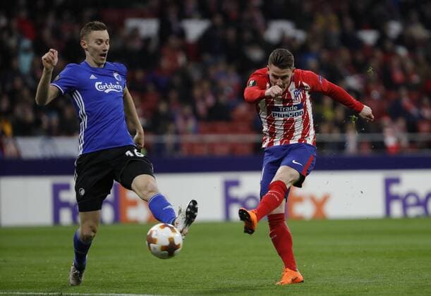 Partido de la Europa League entre el Atletico y el Copenhague en el Wanda Metropolitano. En la imagen, Gameiro logra su gol. Europa League match against Atletico and Copenhague. In ths picture, Gameiro scores his goal. 