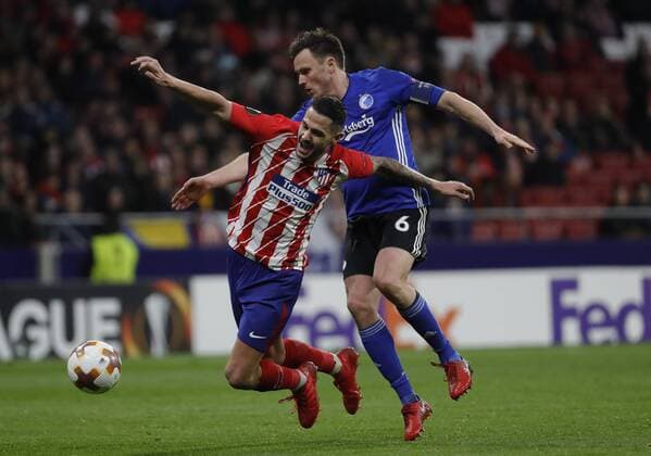 Partido de la Europa League entre el Atletico y el Copenhague en el Wanda Metropolitano. En la imagen, Vitolo y Kvist. Europa League match against Atletico and Copenhague. In ths picture, Vitolo and Kvist. 