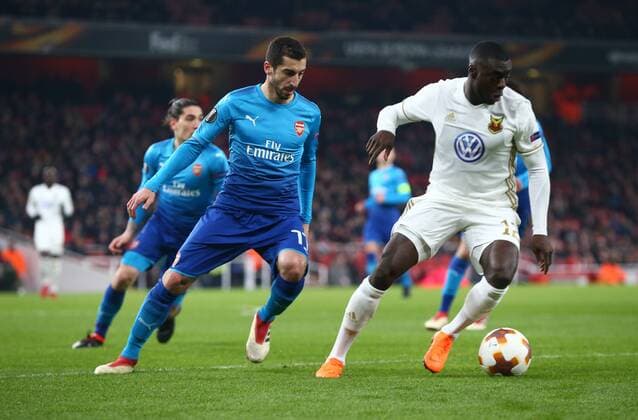 February 22, 2018 - London, England, United Kingdom - L-r Arsenal s Henrikh Mkhitaryan and Ken Sema of Ostersunds FK.during UEFA Europa League - Round 32 -.2nd Leg match between Arsenal and Ostersunds FK at The Emirates , London 22 Feb 2018 Arsenal v Ostersunds FK - UEFA Europa League  - ZUMAn230 20180222_zaa_n230_906 Copyright: xKieranxGalvinx