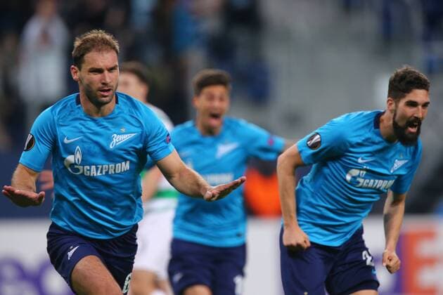 February 22, 2018 - Saint Petersburg, Russia - Branislav Ivanovic and Miha Mevlja of FC Zenit Saint Petersburg celebrates his goal during the UEFA Europa League Round of 32 football match between FC Zenit Saint Petersburg and FK Celtic at Saint Petersburg Stadium. Celtic vs Zenit St Petersburg - UEFA Europa League in Saint Petersburg, Russia - 22 Feb 2018 - ZUMAs197 82004186st Copyright: xIgorxRussakx xSopaxImagesx