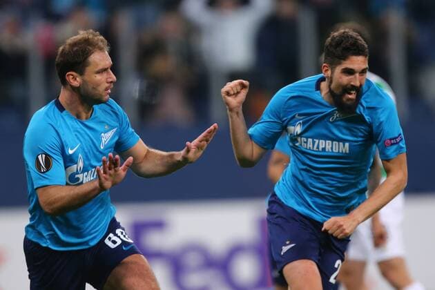 February 22, 2018 - Saint Petersburg, Russia - Branislav Ivanovic and Miha Mevlja of FC Zenit Saint Petersburg celebrates his goal during the UEFA Europa League Round of 32 football match between FC Zenit Saint Petersburg and FK Celtic at Saint Petersburg Stadium. Celtic vs Zenit St Petersburg - UEFA Europa League in Saint Petersburg, Russia - 22 Feb 2018 - ZUMAs197 82004238st Copyright: xIgorxRussakx xSopaxImagesx