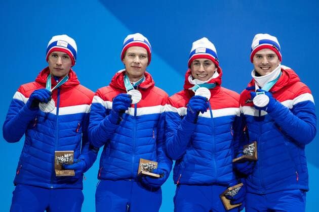 180223 Espen Andersen Jörgen Graabak Jarl Magnus Riiber and Jan Schmid Magnus Krog of Norway Silver celebrates at the Medal Ceremony for Nordic Combined Team Gundersen LH 4x5 km during day fourteen of the 2018 Winter Olympics on February 23, 2018 in Pyeongchang Photo Joel Marklund BILDBYR N Code JM 87647  Copyright: JOELxMARKLUND BB180223JM065