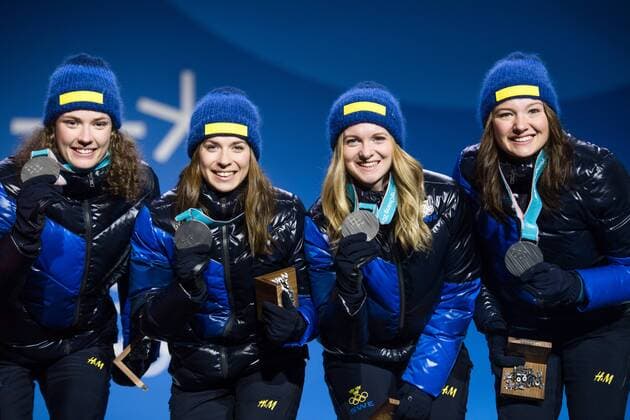 180223 Hanna Öberg Anna Magnusson Mona Brorsson and Linn Persson of Sweden Silver celebrates at the Medal Ceremony for the Womens Biathlon 4x6 km relay during day fourteen of the 2018 Winter Olympics on February 23, 2018 in Pyeongchang Photo Joel Marklund BILDBYRAN Code JM 87647  Copyright: JOELxMARKLUND BB180223JM071