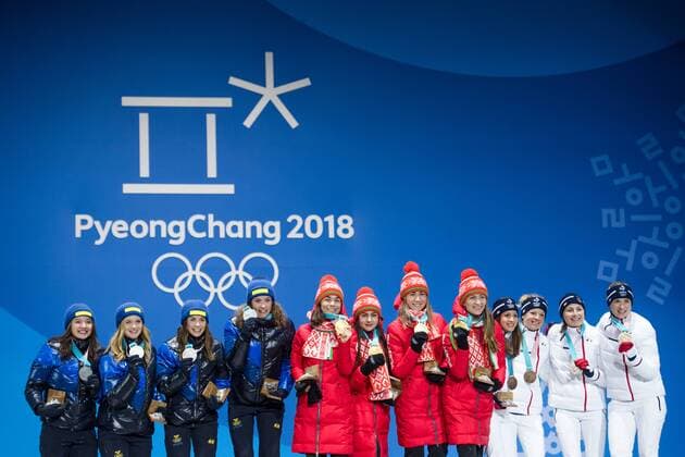 180223 Hanna Öberg Anna Magnusson Mona Brorsson and Linn Persson of Sweden Silver Nadezhda Skardino Iryna Kryuko Dzinara Alimbekava and Darya Domracheva or Belarus gold and Anais Chevalier Marie Dorin Habert Justine Braisaz Anais Bescond of France Bronze celebrates at the Medal Ceremony for Womens Biathlon 4x6 km relay during day fourteen of the 2018 Winter Olympics on February 23, 2018 in Pyeongchang Photo Joel Marklund BILDBYR N Code JM 87647  Copyright: JOELxMARKLUND BB180223JM076