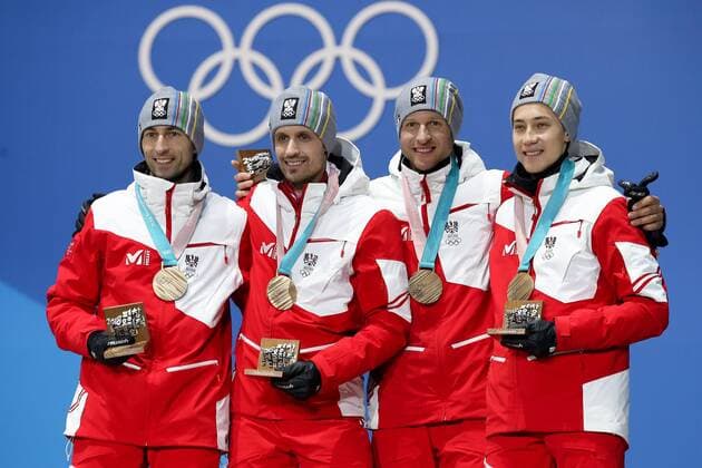 OLYMPICS - 2018 Winter Olympics PYEONGCHANG,SOUTH KOREA,23.FEB.18 - OLYMPICS, FREESTYLE SKIING - Olympic Winter games Winterspiele Spiele Summer games PyeongChang 2018, Ski Cross, ladies. Image shows Wilhelm Denifl, Lukas Klapfer, Bernhard Gruber and Mario Seidl (AUT). GEPAxpictures xChristianxWalgram