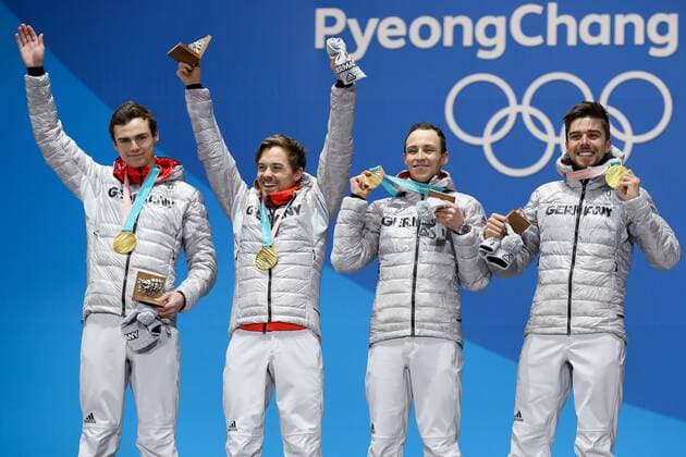 OLYMPICS - 2018 Winter Olympics PYEONGCHANG,SOUTH KOREA,23.FEB.18 - OLYMPICS, FREESTYLE SKIING - Olympic Winter games Winterspiele Spiele Summer games PyeongChang 2018, Ski Cross, ladies. Image shows the rejoicing of Vinzenz Geiger, Fabian Riessle, Eric Frenzel and Johannes Rydzek (GER). GEPAxpictures xChristianxWalgram