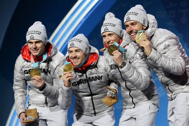 OLYMPICS - 2018 Winter Olympics PYEONGCHANG,SOUTH KOREA,23.FEB.18 - OLYMPICS, FREESTYLE SKIING - Olympic Winter games Winterspiele Spiele Summer games PyeongChang 2018, Ski Cross, ladies. Image shows Vinzenz Geiger, Fabian Riessle, Eric Frenzel and Johannes Rydzek (GER). GEPAxpictures xChristianxWalgram