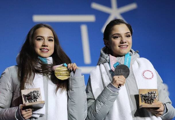 PYEONGCHANG, SOUTH KOREA â€“ FEBRUARY 23, 2018: Olympic Athletes from Russia, gold medallist Alina Zagitova (L) and silver medallist Evgenia Medvedeva at a victory ceremony for the ladies Figure skating Eiskunstlauf event at the 2018 Winter Olympic Games Olympische Spiele Olympia OS Sergei Bobylev TASS  TS07570B