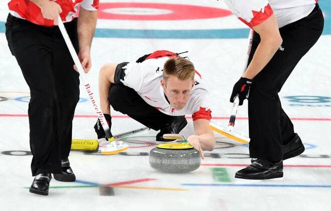 (180223) -- PYEONGCHANG, Feb. 23, 2018 -- Canada s Marc Kennedy competes during bronze medal game of men s curling against Switzerland at 2018 PyeongChang Winter Olympic Games Olympische Spiele Olympia OS at Gangneung Curling Centre, Gangneung, South Korea, Feb. 23, 2018. Canada lost 5:7. ) (SP)OLY-SOUTH KOREA-PYEONGCHANG-CURLING-MEN-BRONZE MEDAL GAME-SUI VS CAN MaxPing 