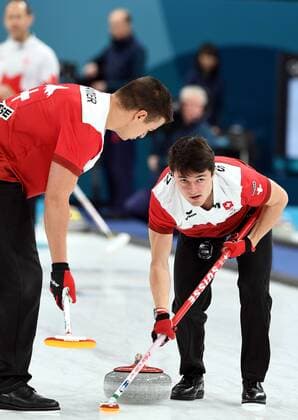 (180223) -- PYEONGCHANG, Feb. 23, 2018 -- Switzerland s Valentin Tanneer (L) and Benoit Schwarz compete during bronze medal game of men s curling against Canada at 2018 PyeongChang Winter Olympic Games Olympische Spiele Olympia OS at Gangneung Curling Centre, Gangneung, South Korea, Feb. 23, 2018. Switzerland won 7:5 and claimed bronze medal. ) (SP)OLY-SOUTH KOREA-PYEONGCHANG-CURLING-MEN-BRONZE MEDAL GAME-SUI VS CAN MaxPing 