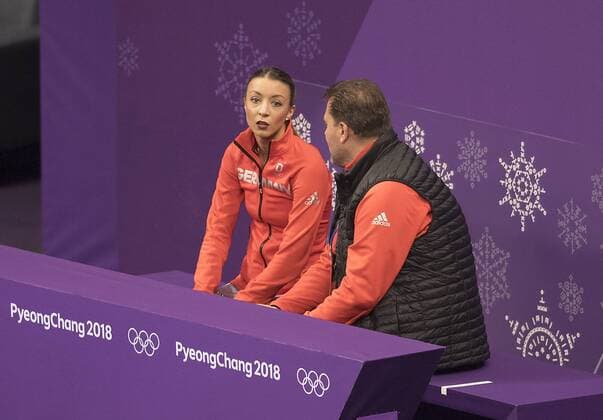 Nicole SCHOTT Germany with her trainer Michael HUTH in the Kiss and Cry corner Figure skating Kuer the women on 23 02 2018 2018 Winter Olympics from 09 02 25 02 2018 in PyeongChang South Korea