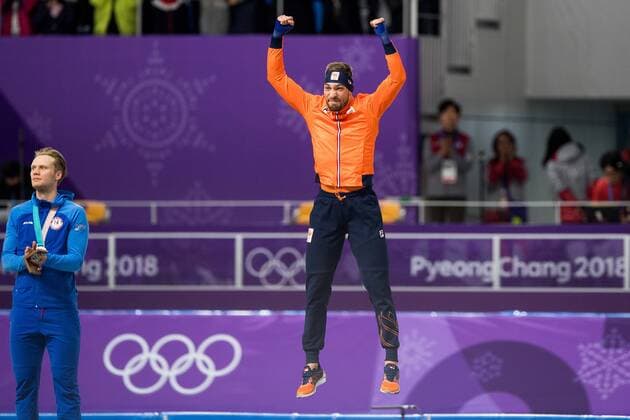 180223 Havard Holmefjord Lorentzen of Norway Silver and Kjeld Nuis of The Netherlands Gold after the Mens Speed u200b u200bSkating 1000m during day fourteen of the 2018 Winter Olympics on February 23, 2018 in Pyeongchang Photo Jon Olav Nesvold PICTURE NONE JE 160196  Copyright: JONxOLAVxNESVOLD BB180223JE222