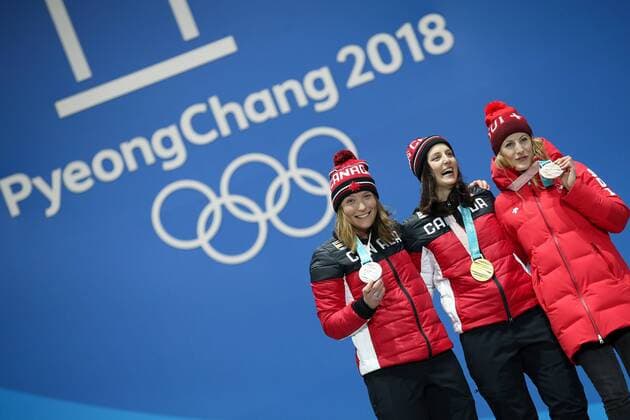 OLYMPICS - 2018 Winter Olympics PYEONGCHANG,SOUTH KOREA,23.FEB.18 - OLYMPICS, FREESTYLE SKIING - Olympic Winter games Winterspiele Spiele Summer games PyeongChang 2018, Medals Plaza, award ceremony, Ski Cross, ladies. Image shows Brittany Phelan (CAN), Kelsey Serwa (CAN) and Fanny Smith (SUI). GEPAxpictures xChristianxWalgram