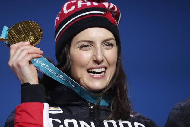 OLYMPICS - 2018 Winter Olympics PYEONGCHANG,SOUTH KOREA,23.FEB.18 - OLYMPICS, FREESTYLE SKIING - Olympic Winter games Winterspiele Spiele Summer games PyeongChang 2018, Medals Plaza, award ceremony, Ski Cross, ladies. Image shows Kelsey Serwa (CAN). GEPAxpictures xChristianxWalgram