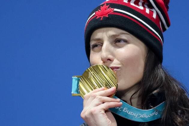 OLYMPICS - 2018 Winter Olympics PYEONGCHANG,SOUTH KOREA,23.FEB.18 - OLYMPICS, FREESTYLE SKIING - Olympic Winter games Winterspiele Spiele Summer games PyeongChang 2018, Medals Plaza, award ceremony, Ski Cross, ladies. Image shows Kelsey Serwa (CAN). GEPAxpictures xChristianxWalgram