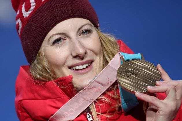 OLYMPICS - 2018 Winter Olympics PYEONGCHANG,SOUTH KOREA,23.FEB.18 - OLYMPICS, FREESTYLE SKIING - Olympic Winter games Winterspiele Spiele Summer games PyeongChang 2018, Medals Plaza, award ceremony, Ski Cross, ladies. Image shows Fanny Smith (SUI). GEPAxpictures xChristianxWalgram