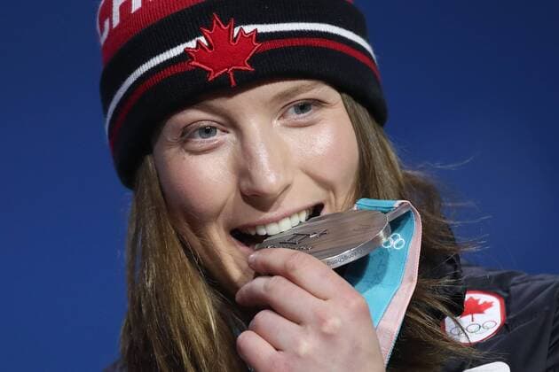 OLYMPICS - 2018 Winter Olympics PYEONGCHANG,SOUTH KOREA,23.FEB.18 - OLYMPICS, FREESTYLE SKIING - Olympic Winter games Winterspiele Spiele Summer games PyeongChang 2018, Medals Plaza, award ceremony, Ski Cross, ladies. Image shows Brittany Phelan (CAN). GEPAxpictures xChristianxWalgram