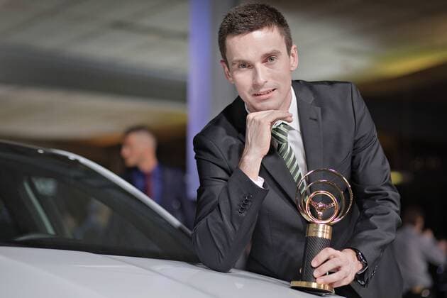 Skoda Motorsport s rally pilot Jan Kopecky poses with his trophy as he won prestigious Golden Steering Wheel award during ceremony that took place in Prague, on Thursday, Feb. 22nd, 2018. (CTKxPhoto RenexFluger) CTKPhotoF201802230689601 