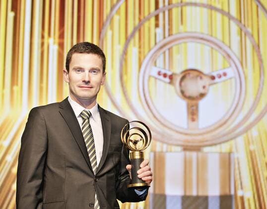 Skoda Motorsport s rally pilot Jan Kopecky poses with his trophy as he won prestigious Golden Steering Wheel award during ceremony that took place in Prague, on Thursday, Feb. 22nd, 2018. (CTKxPhoto RenexFluger) CTKPhotoF201802230689801 