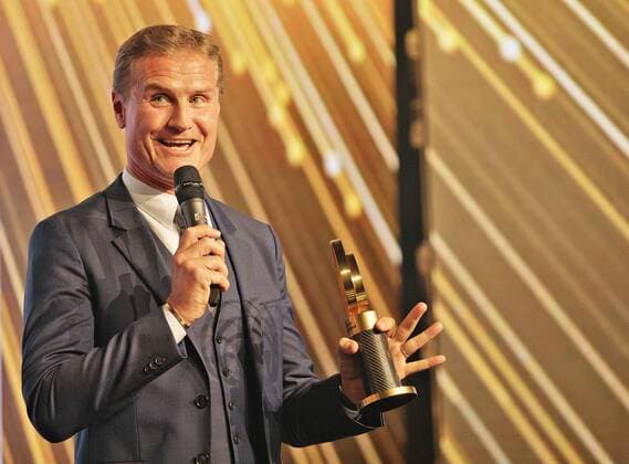 Former British formula 1 pilot David Coulthard is all smiles as he was presented with special price during award ceremony for the 41st. Golden Steering Wheel, Czech Motorsport poll, that took place in Prague, on Thursday, Feb. 22nd, 2018. (CTKxPhoto RenexFluger) CTKPhotoF201802230720501 