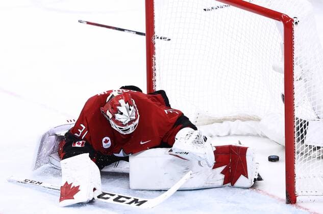 GANGNEUNG, SOUTH KOREA â€“ FEBRUARY 23, 2018: Canada s goaltender Kevin Poulin concedes a goal in their men s semifinal Ice hockey Eishockey match against Germany during the 2018 Winter Olympic Games Olympische Spiele Olympia OS at the Gangneung Hockey Centre. Valery Sharifulin TASS  TS07578B