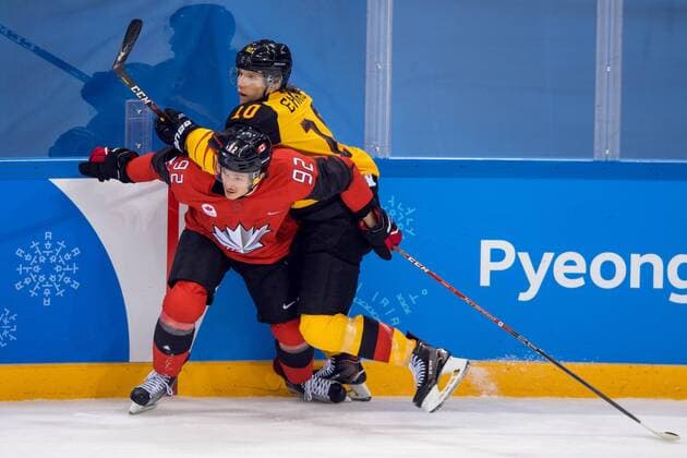 180223 Christian Thomas of Canada and Christian Ehrhoff of Germany in the Mens Ice Hockey Semifinal between Canada and Germany during day fourteen of the 2018 Winter Olympics on February 23, 2018 in Pyeongchang Photo Petter Arvidson BILDBYRAN Code PA 91999  Copyright: PETTERxARVIDSON BB180223PA097