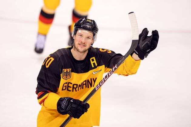 180223 Patrick Hager of Germany celebrates in the Mens ice hockey semifinal between Canada and Germany during day fourteen of the 2018 Winter Olympics on February 23, 2018 in Pyeongchang Photo Petter Arvidson BILDBYRAN Code PA 91999  Copyright: PETTERxARVIDSON BB180223PA107