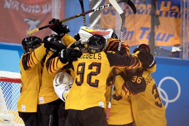 180223 The German team celebrates after the Mens ice hockey semifinal between Canada and Germany during day fourteen of the 2018 Winter Olympics on February 23, 2018 in Pyeongchang Photo Petter Arvidson BILDBYRAN Code PA 91999  Copyright: PETTERxARVIDSON BB180223PA119