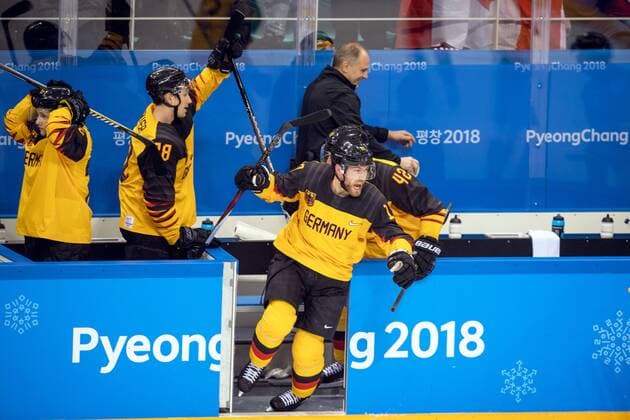 180223 Marcus Kink of Germany celebrates after the Mens ice hockey semifinal between Canada and Germany during day fourteen of the 2018 Winter Olympics on February 23, 2018 in Pyeongchang Photo Petter Arvidson BILDBYRAN Code PA 91999  Copyright: PETTERxARVIDSON BB180223PA123