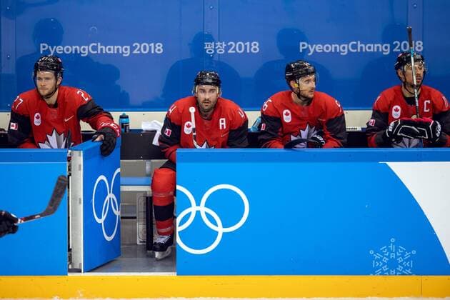 180223 Cody Goloubef Chris Lee Maxim Noreau and Chris Kelly of Canada looks dejected after the Ice Hockey semifinal between Canada and Germany during day fourteen of the 2018 Winter Olympics on February 23, 2018 in Pyeongchang Photo Petter Arvidson BILDBYRAN Code PA 91999  Copyright: PETTERxARVIDSON BB180223PA129