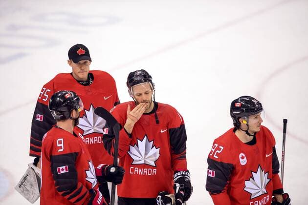 180223 Goalkeeper Justin Peters Derek Roy Andrew Ebbett and Christian Thomas of Canada looks dejected after the Mens Ice Hockey Semifinal between Canada and Germany during day fourteen of the 2018 Winter Olympics on February 23, 2018 in Pyeongchang Photo Petter Arvidson PICTURE BIRTH Code PA 91999  Copyright: PETTERxARVIDSON BB180223PA130