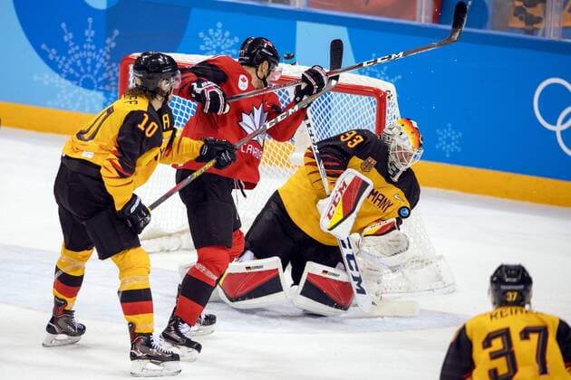 180223 goalkeeper Danny aus den Birken of Germany in the Mens ice hockey semifinal between Canada and Germany during day fourteen of the 2018 Winter Olympics on February 23, 2018 in Pyeongchang Photo Petter Arvidson BILDBYRAN Code PA 91999  Copyright: PETTERxARVIDSON BB180223PA139