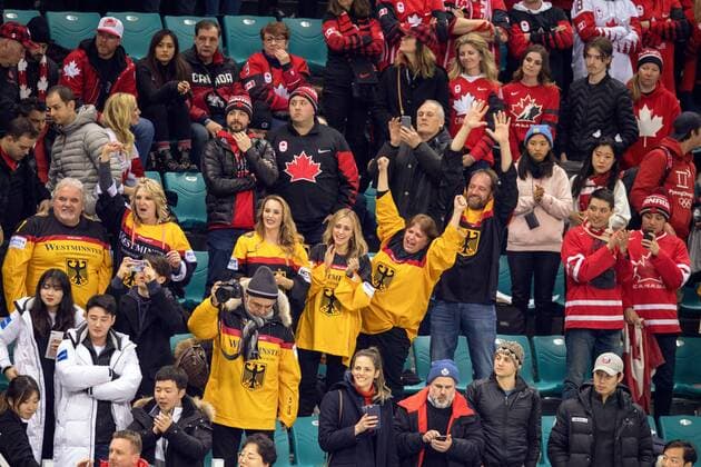 180223 Fans of Germany celebrate during the Mens ice hockey semifinal between Canada and Germany during day fourteen of the 2018 Winter Olympics on February 23, 2018 in Pyeongchang Photo Petter Arvidson BILDBYRAN Code PA 91999  Copyright: PETTERxARVIDSON BB180223PA141