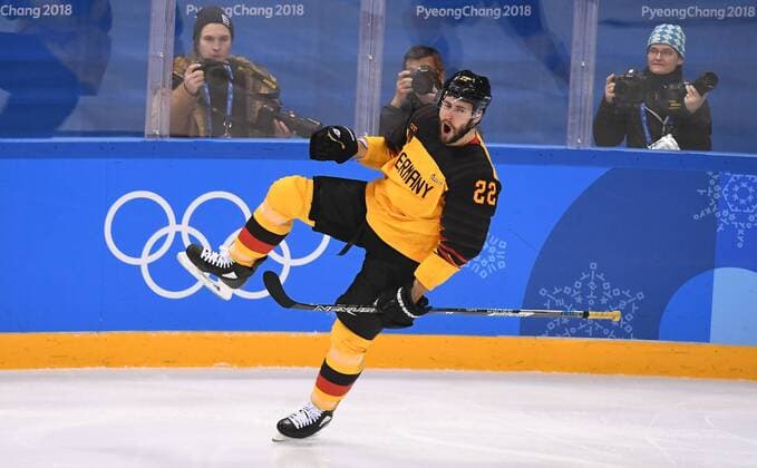 (180223) -- PYEONGCHANG, Feb. 23, 2018 -- Matthias Plachta of Germany celebrates a goal in a men s semi-final game of Ice hockey Eishockey against Canada at the 2018 PyeongChang Winter Olympic Games Olympische Spiele Olympia OS at Gangneung Ice Hockey Centre, Gangnueng, South Korea, Feb. 23, 2018. Germany won 4:3 and advanced to final game. ) (SP)OLY-SOUTH KOREA-PYEONGCHANG-ICE HOCKEY-MEN S SEMI-FINAL-GER VS CAN WangxHaofei 