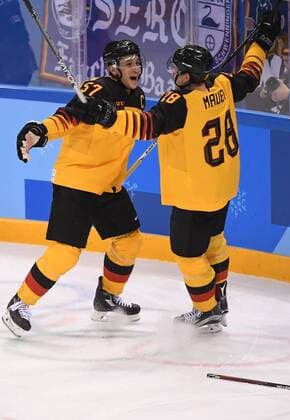 (180223) -- PYEONGCHANG, Feb. 23, 2018 -- Frank Mauer (L) and Marcel Goc of Germany celebrate a goal in a men s semi-final game of Ice hockey Eishockey against Canada at the 2018 PyeongChang Winter Olympic Games Olympische Spiele Olympia OS at Gangneung Ice Hockey Centre, Gangnueng, South Korea, Feb. 23, 2018. Germany won 4:3 and advanced to final game. ) (SP)OLY-SOUTH KOREA-PYEONGCHANG-ICE HOCKEY-MEN S SEMI-FINAL-GER VS CAN WangxHaofei 