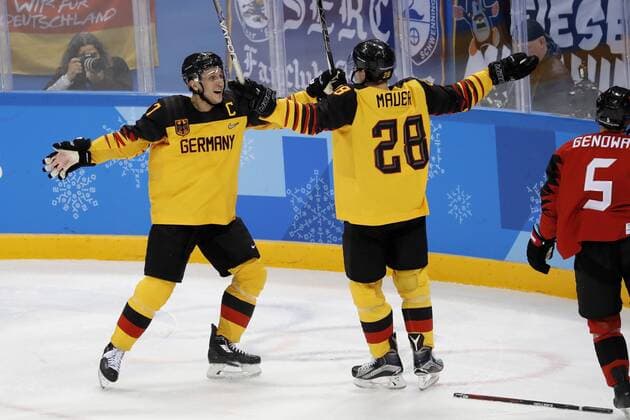 GOC Marcel Team GER celebrates after scoring with WALLER Franck Ice Hockey Semi-final Canada Germany 3 4 Olympic Wintergames 2018 Pyeongchang South Korea 2018 Winter Olympics Pyeongchang 23 February 2018