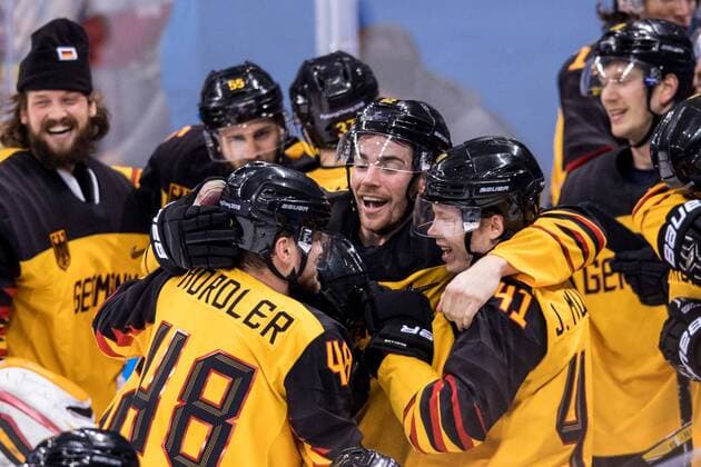 180223 Players of Germany celebrates after the Mens ice hockey semifinal between Canada and Germany during day fourteen of the 2018 Winter Olympics on February 23, 2018 in Pyeongchang Photo Petter Arvidson BILDBYRAN Code PA 92000  Copyright: PETTERxARVIDSON BB180223PA157