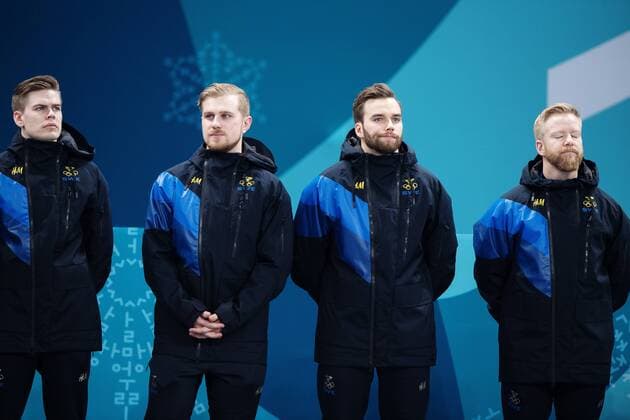 180224 Christoffer Sundgren Rasmus Wrana Oskar Eriksson and Niklas Edin of Sweden silver on the medal ceremony after the Mens Curling Final between Sweden and United States during day fifteen of the 2018 Winter Olympics on February 24, 2018 in Pyeongchang Photo Jon Olav Nesvold BILDBYRAN Code JE 160198  Copyright: JONxOLAVxNESVOLD BB180224JE098