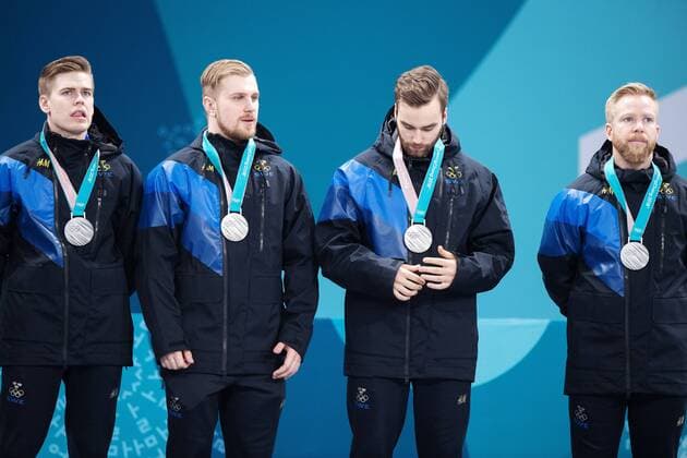180224 Christoffer Sundgren Rasmus Wrana Oskar Eriksson and Niklas Edin of Sweden silver on the medal ceremony after the Mens Curling Final between Sweden and United States during day fifteen of the 2018 Winter Olympics on February 24, 2018 in Pyeongchang Photo Jon Olav Nesvold BILDBYRAN Code JE 160198  Copyright: JONxOLAVxNESVOLD BB180224JE101