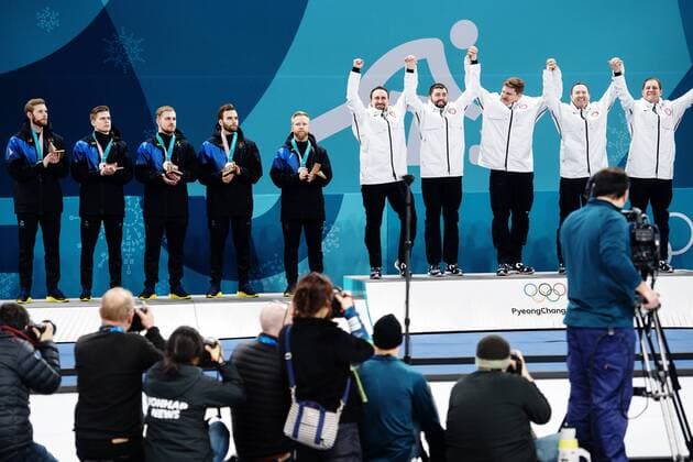 180224 Henrik Leek Christoffer Sundgren Rasmus Wrana Oskar Eriksson and Niklas Edin of Sweden silver and Joe Polo John Landsteiner Matt Hamilton Tyler George as well as John Shuster or USA celebrate on the medal ceremony after the Mens Curling Final between Sweden and United States during day fifteen of the 2018 Winter Olympics on February 24, 2018 in Pyeongchang Photo Jon Olav Nesvold PICTURES N Code JE 160198  Copyright: JONxOLAVxNESVOLD BB180224JE104