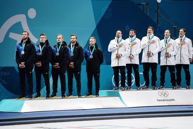 180224 Henrik Leek Christoffer Sundgren Rasmus Wrana Oskar Eriksson and Niklas Edin of Sweden silver and Joe Polo John Landsteiner Matt Hamilton Tyler George as well as John Shuster of USA on the medal ceremony after the Mens Curling Final between Sweden and United States during day fifteen of the 2018 Winter Olympics on February 24, 2018 in Pyeongchang Photo Jon Olav Nesvold BILDBYRAN Code JE 160198  Copyright: JONxOLAVxNESVOLD BB180224JE106
