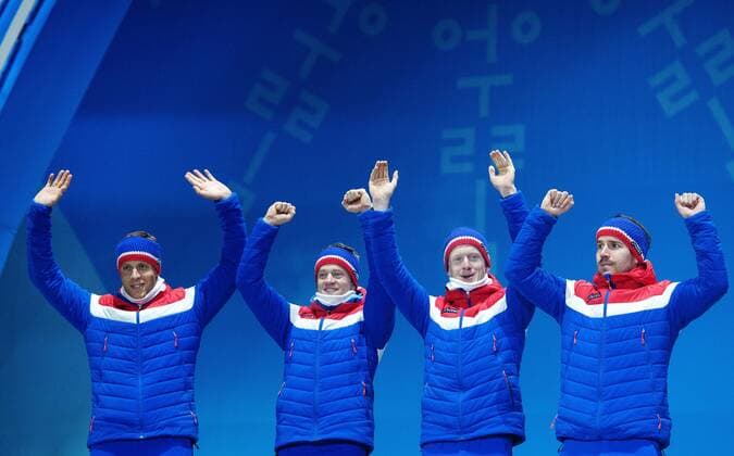 180224 Lars Helge Birkeland Tarjei Bo Johannes Thingnes Bo and Emil Hegle Svendsen of Norway Silver celebrates at the Medal Ceremony for the Mens Biathlon 4x7 5 km relay during day fifteen of the 2018 Winter Olympics on February 24, 2018 in Pyeongchang Photo Carl Sandin BILDBYRAN Code CS 57999 322  Copyright: CARLxSANDIN BB180224CS095